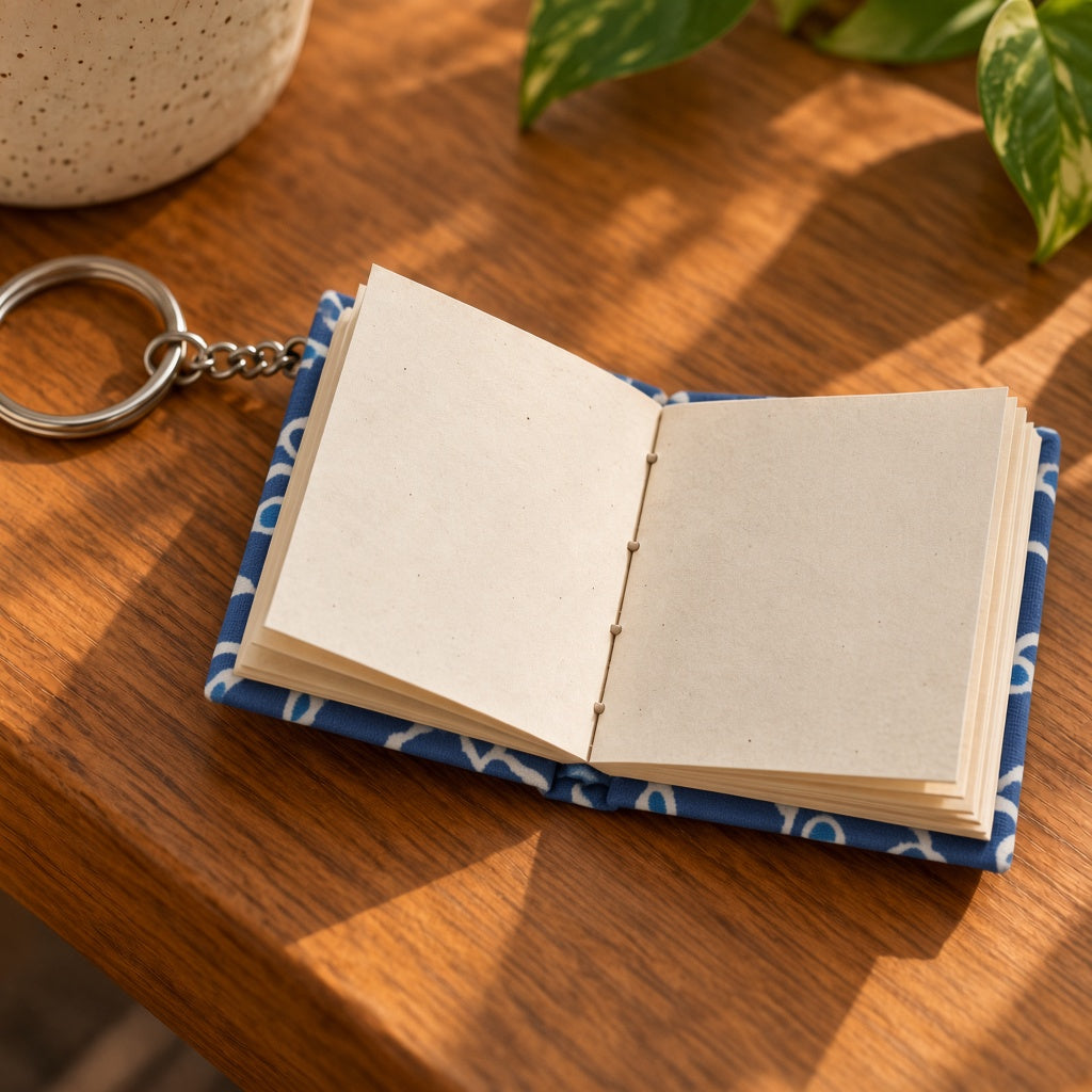 Blue Leaf keychain diary opened to show handmade paper pages