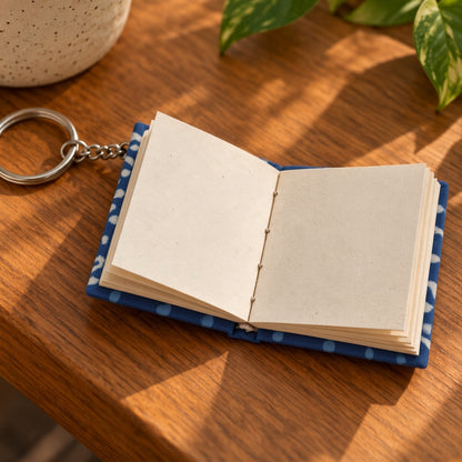 Blue Dot keychain diary opened to show handmade paper pages