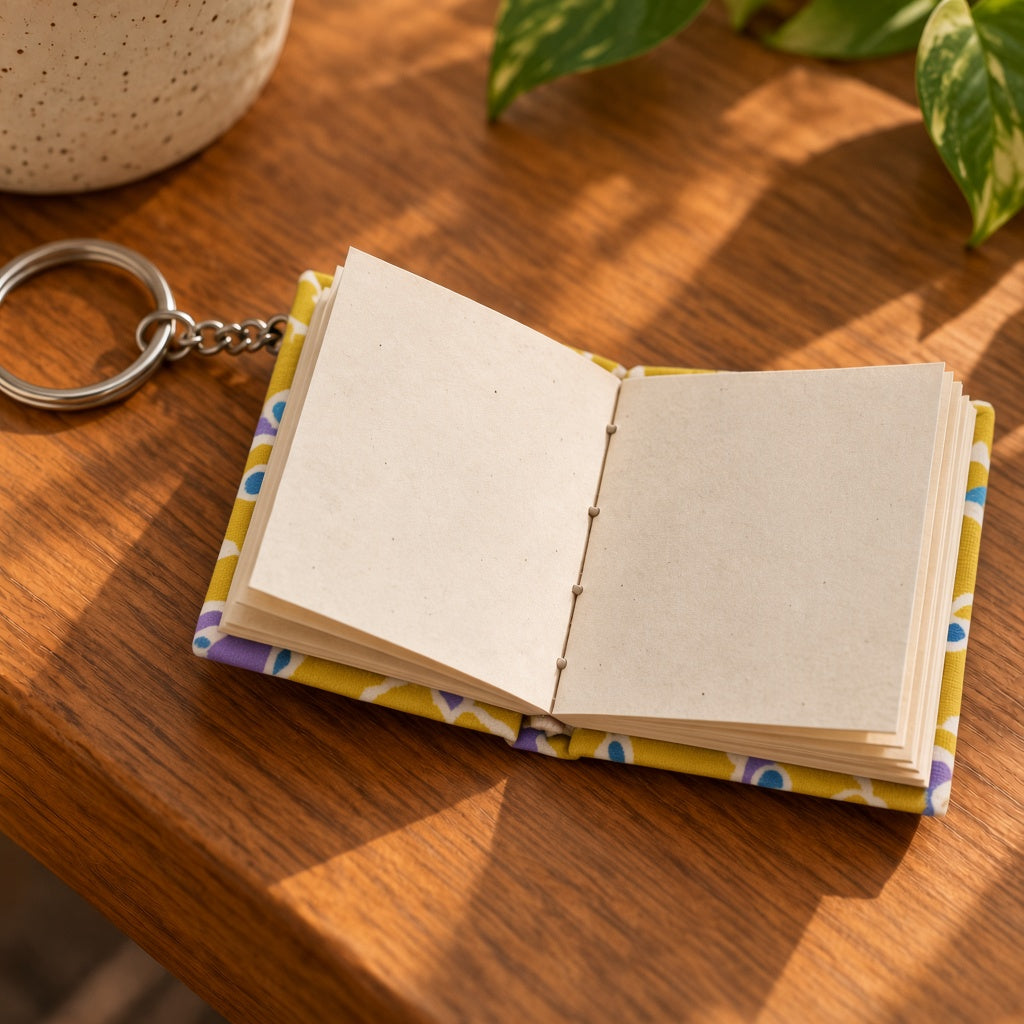 Yellow Fruit keychain diary opened to show handmade paper pages