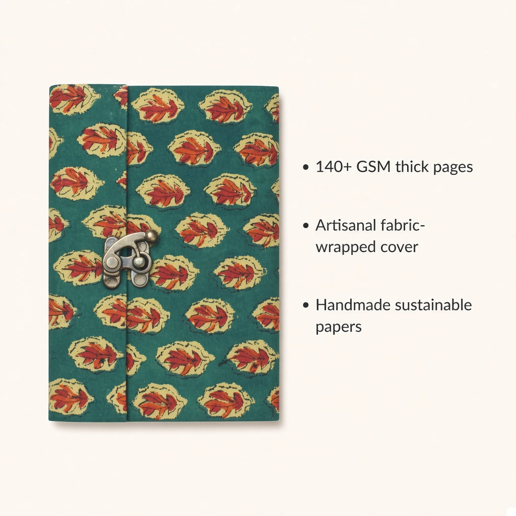 Green Leaf lock diary with fabric cover and handmade paper details