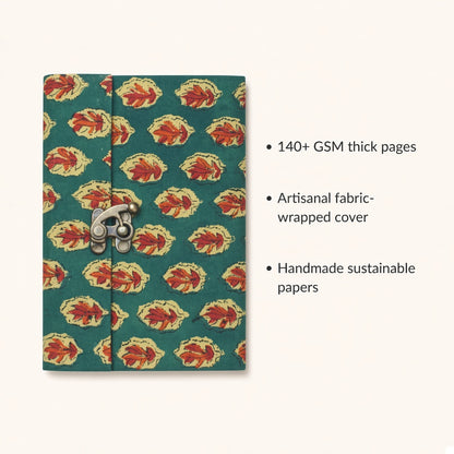 Green Leaf lock diary with fabric cover and handmade paper details