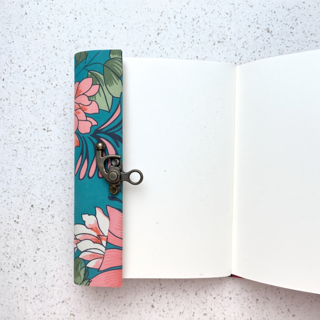 Green Floral lock diary opened to show handmade paper pages