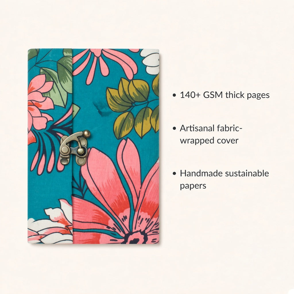 Green Floral lock diary with fabric cover and handmade paper details