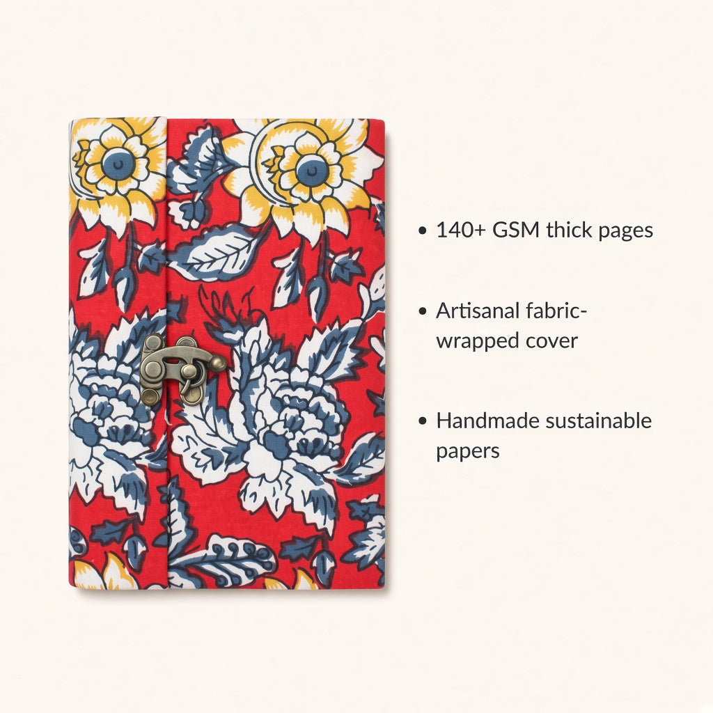 Red Floral lock diary with fabric cover and handmade paper details