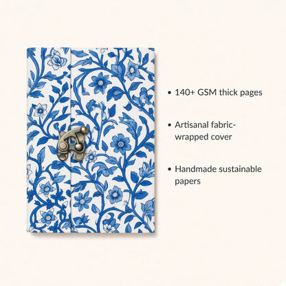 Blue Vine lock diary with fabric cover and handmade paper details