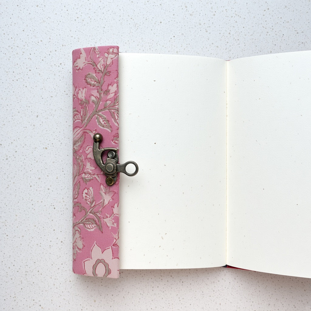 Pink Floral lock diary opened to show handmade paper pages