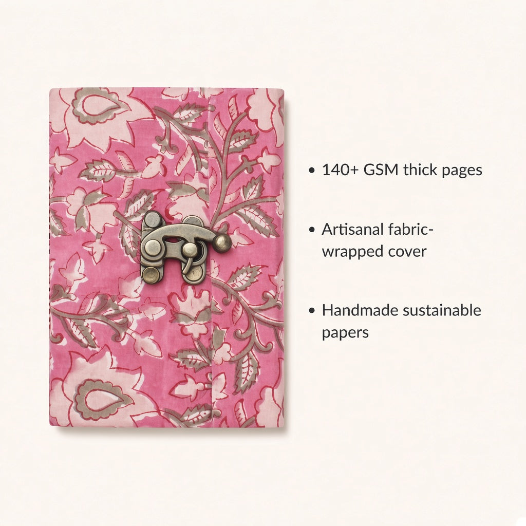 Pink Floral lock diary with fabric cover and handmade paper details