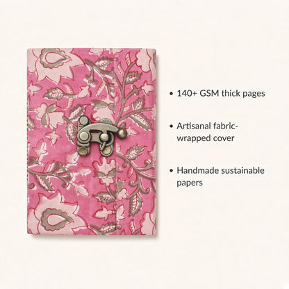 Pink Floral lock diary with fabric cover and handmade paper details