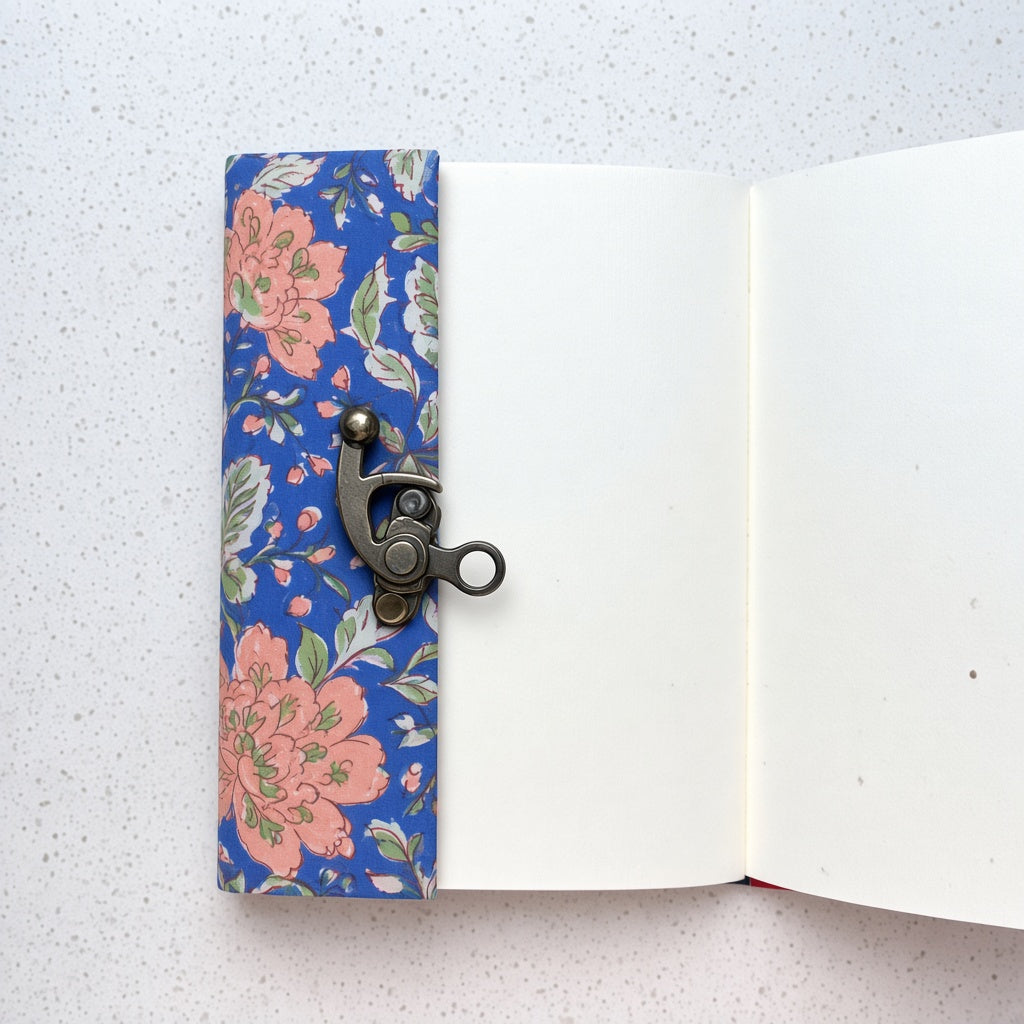Blue Floral lock diary opened to show handmade paper pages