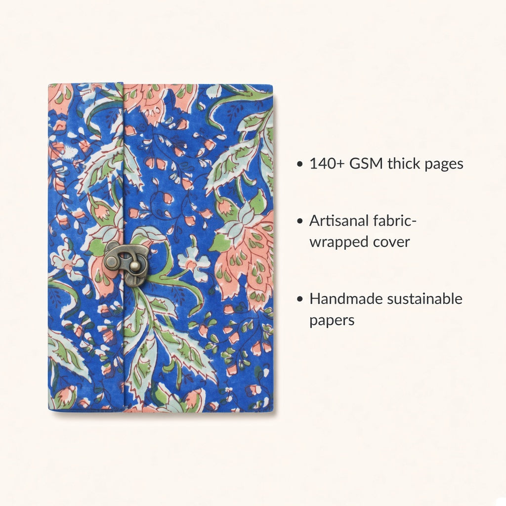 Blue Floral lock diary with fabric cover and handmade paper details
