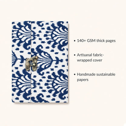Navy Ikat lock diary with fabric cover and handmade paper details