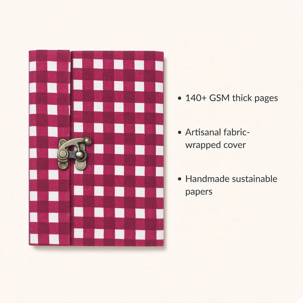Pink Check lock diary with fabric cover and handmade paper details