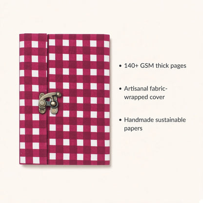 Pink Check lock diary with fabric cover and handmade paper details