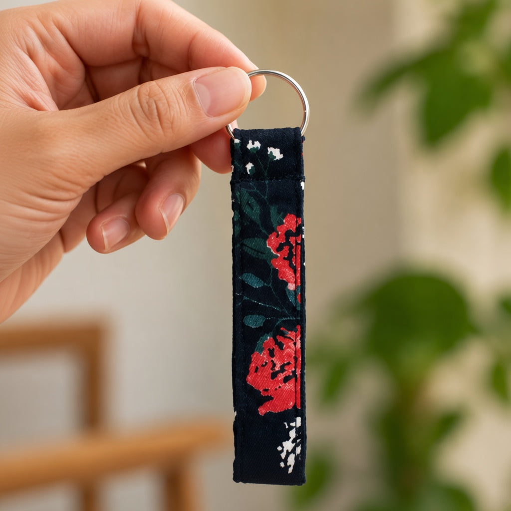 Navy Floral keyring styled flatlay