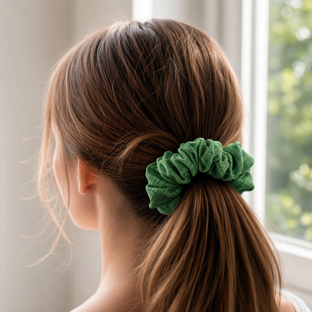 Green Abstract scrunchie worn in hair