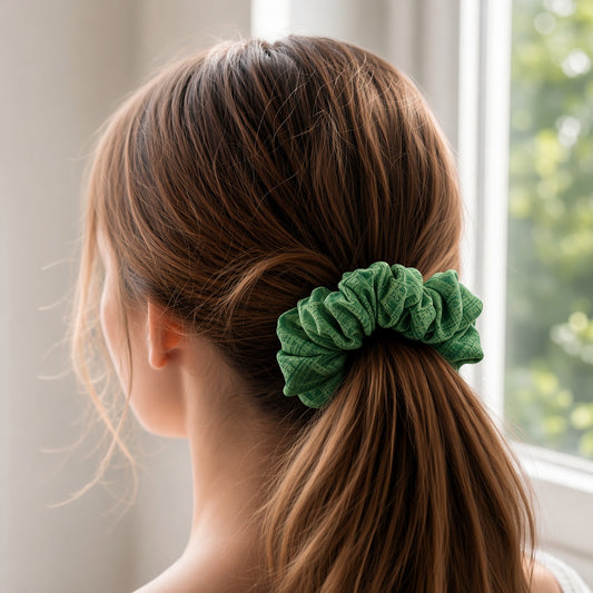 Green Abstract scrunchie worn in hair