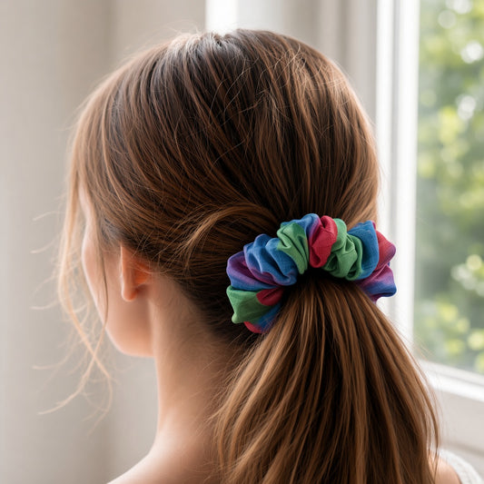 Multi Checked scrunchie worn in hair