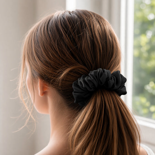Black Solid scrunchie worn in hair