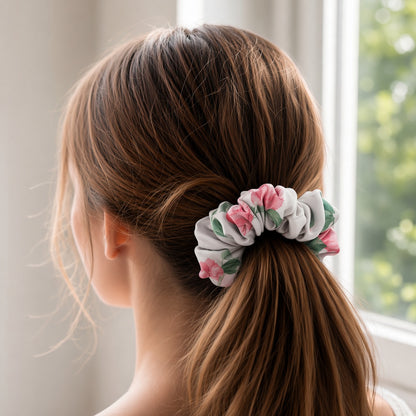 White Floral scrunchie worn in hair