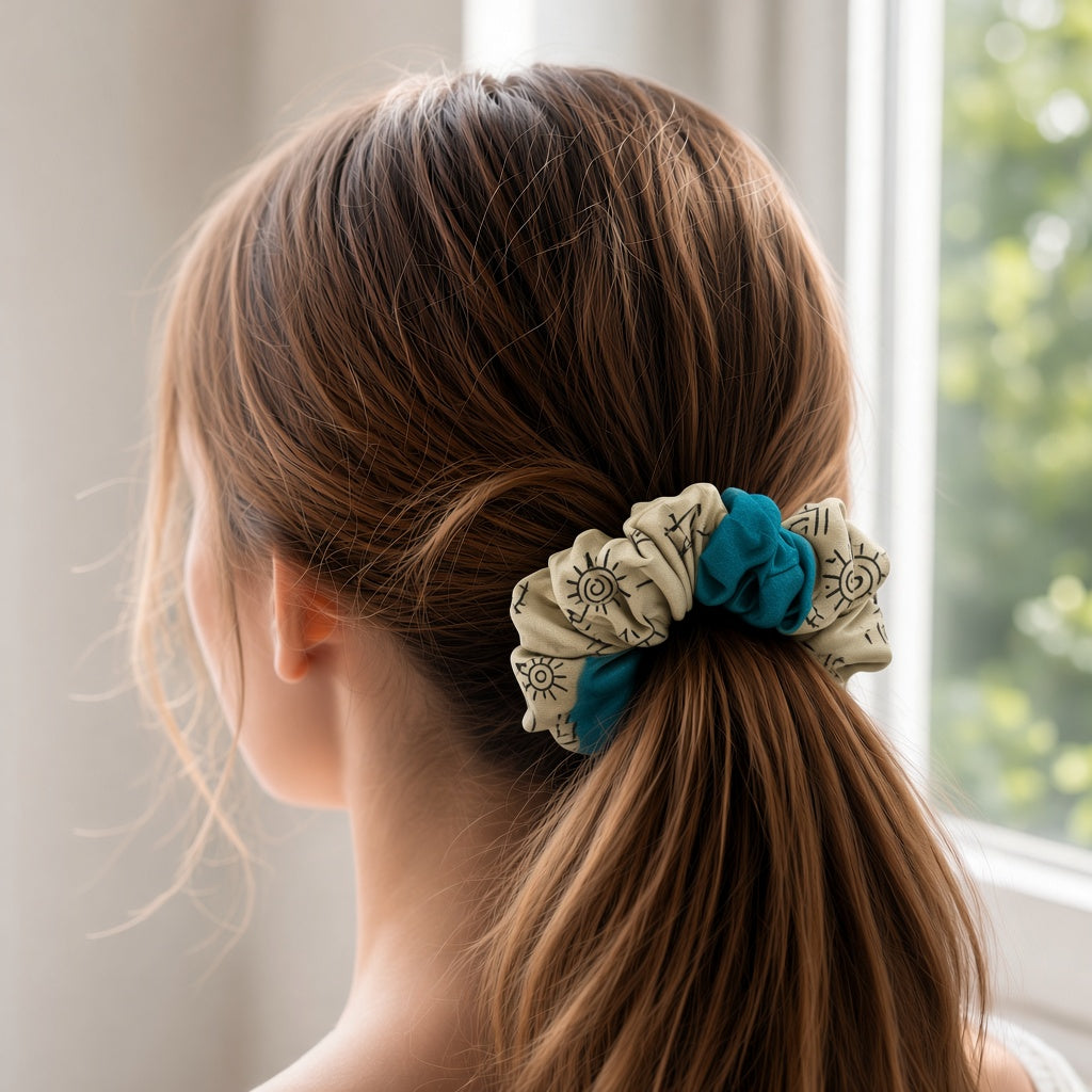 Beige Printed scrunchie worn in hair