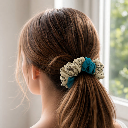 Beige Printed scrunchie worn in hair
