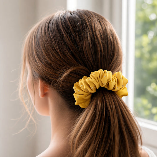 Yellow Embellished scrunchie worn in hair