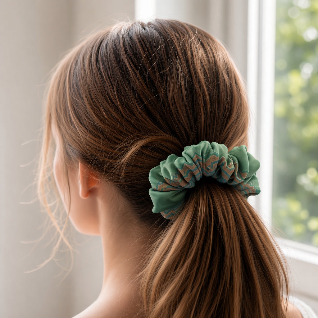 Green Ethnic scrunchie worn in hair