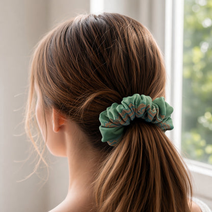 Green Ethnic scrunchie worn in hair