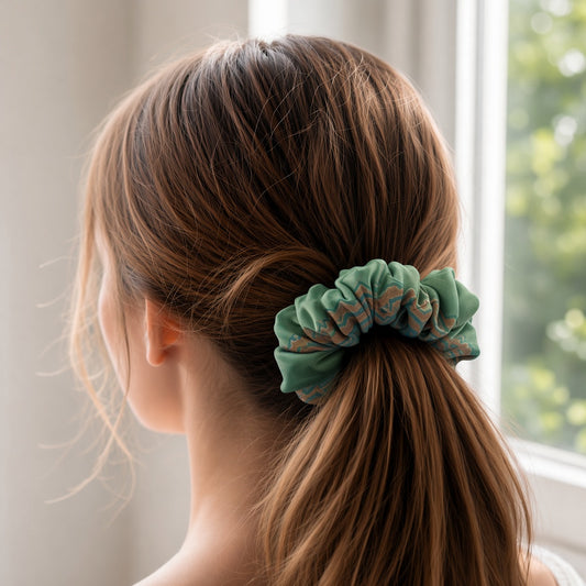 Green Ethnic scrunchie worn in hair