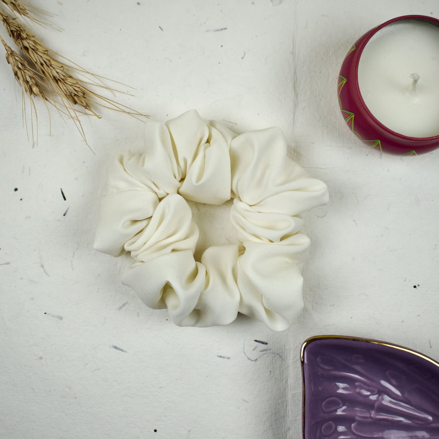 White Solid Off scrunchie styled flatlay