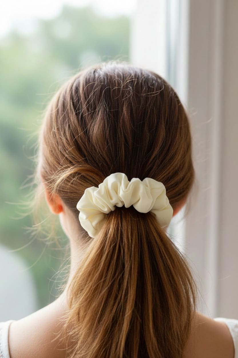 White Solid Off scrunchie worn in hair