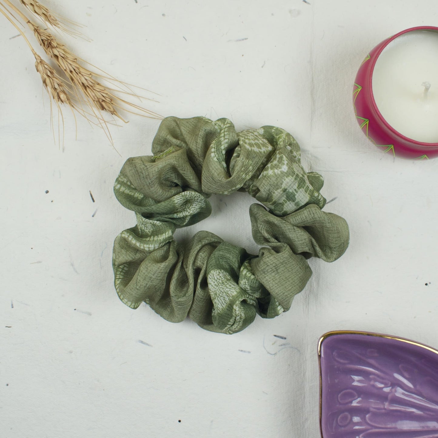 Green Checked scrunchie styled flatlay