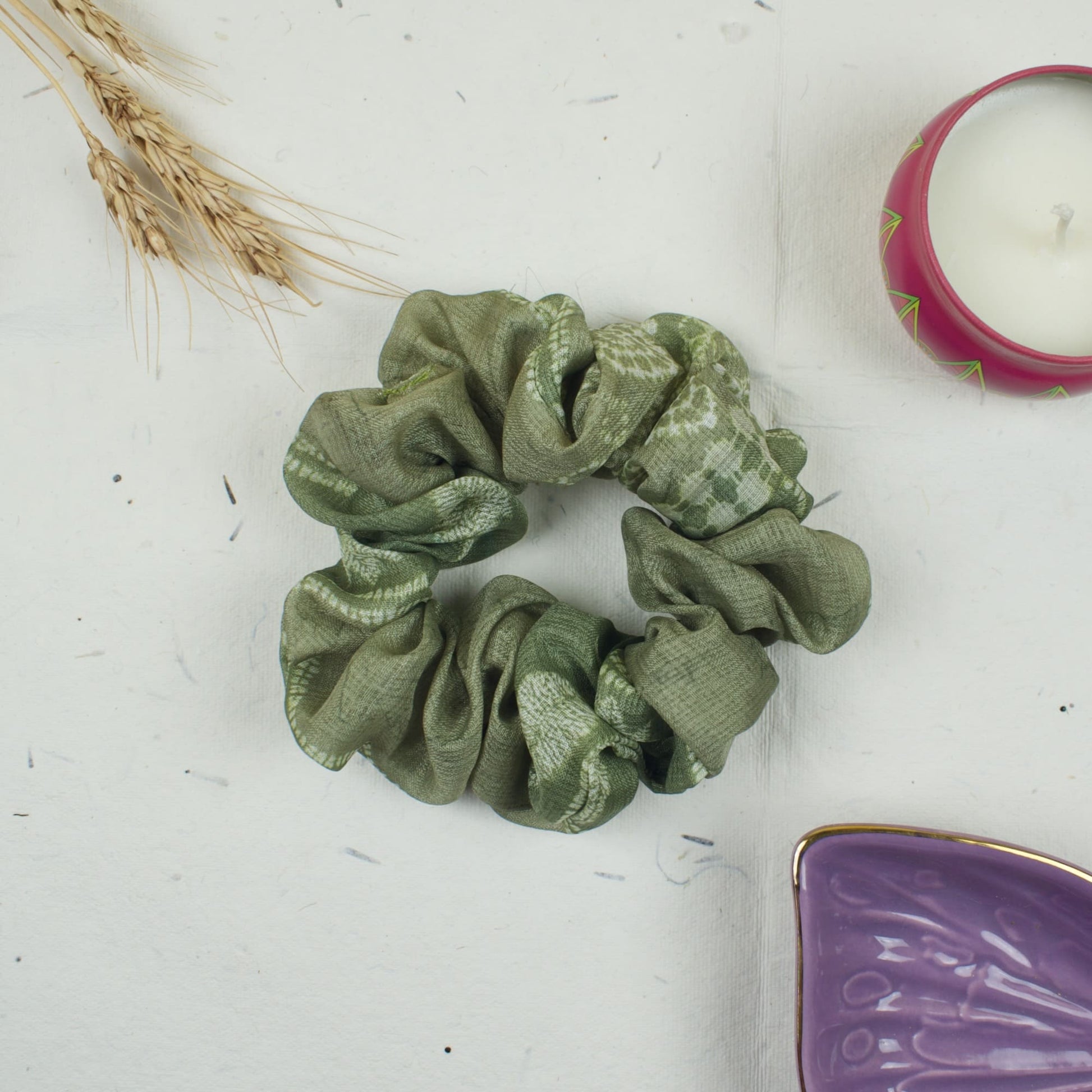 Green Checked scrunchie styled flatlay
