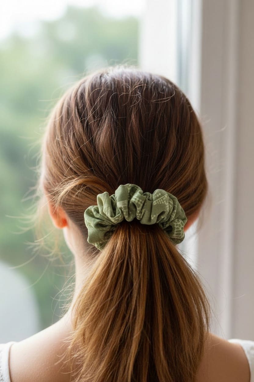 Green Checked scrunchie worn in hair