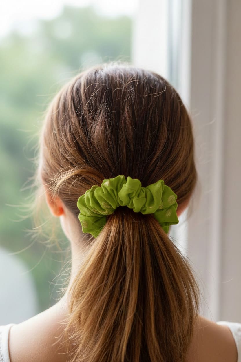 Green Textured scrunchie worn in hair