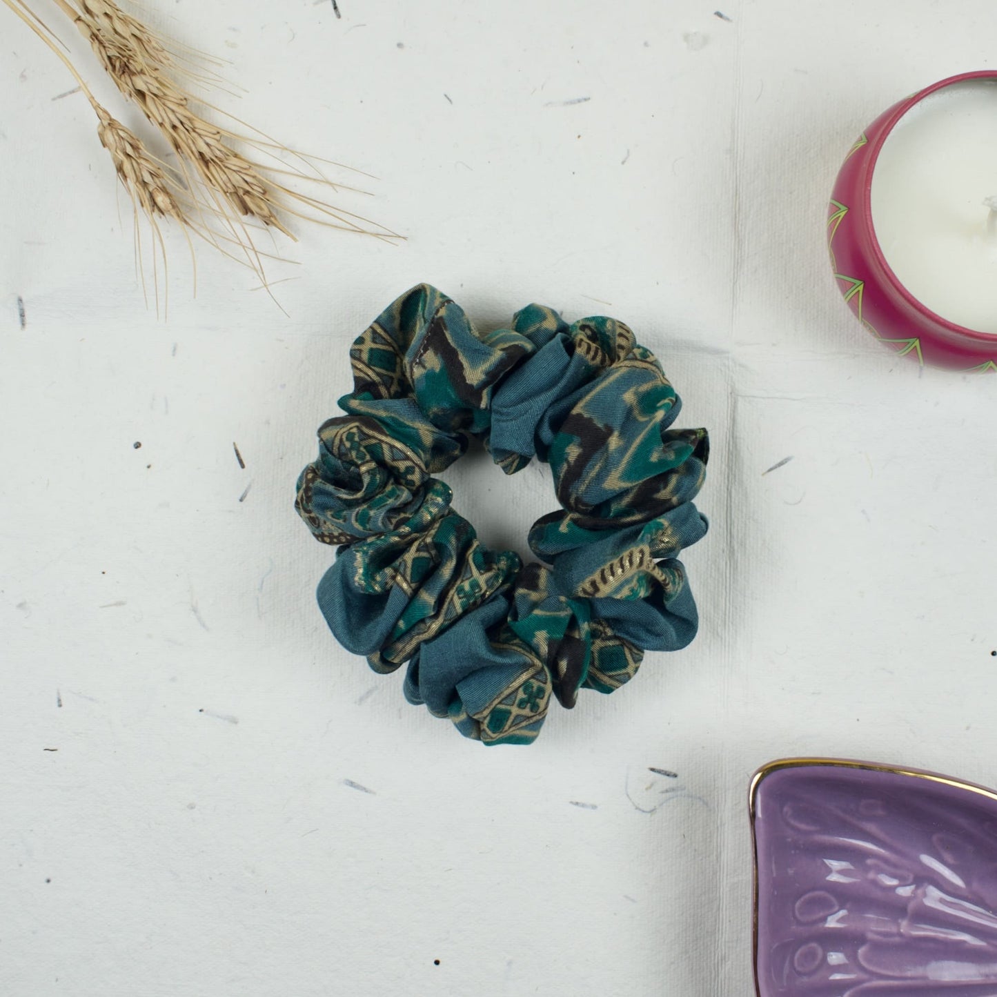Green Ethnic Print scrunchie styled flatlay