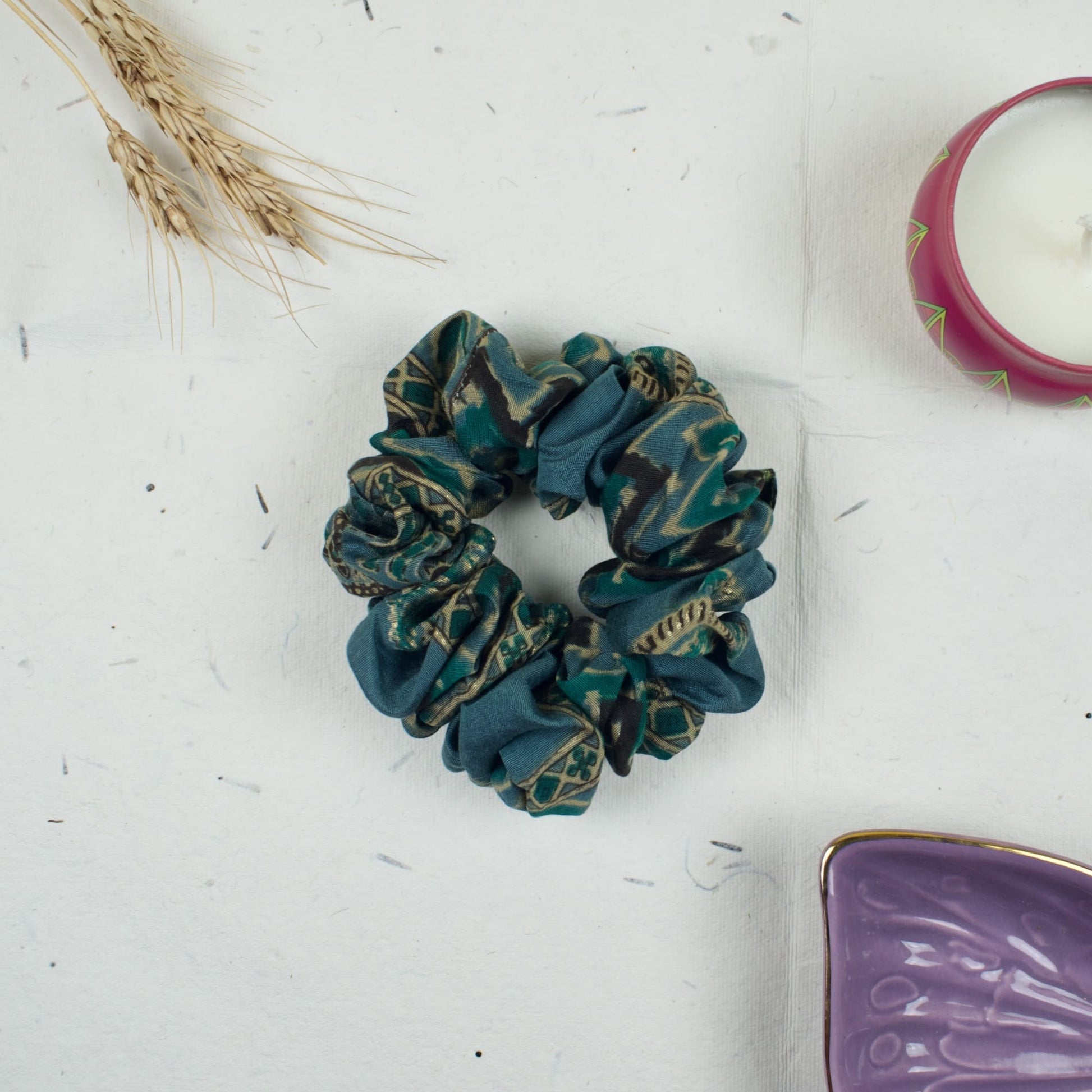Green Ethnic Print scrunchie styled flatlay