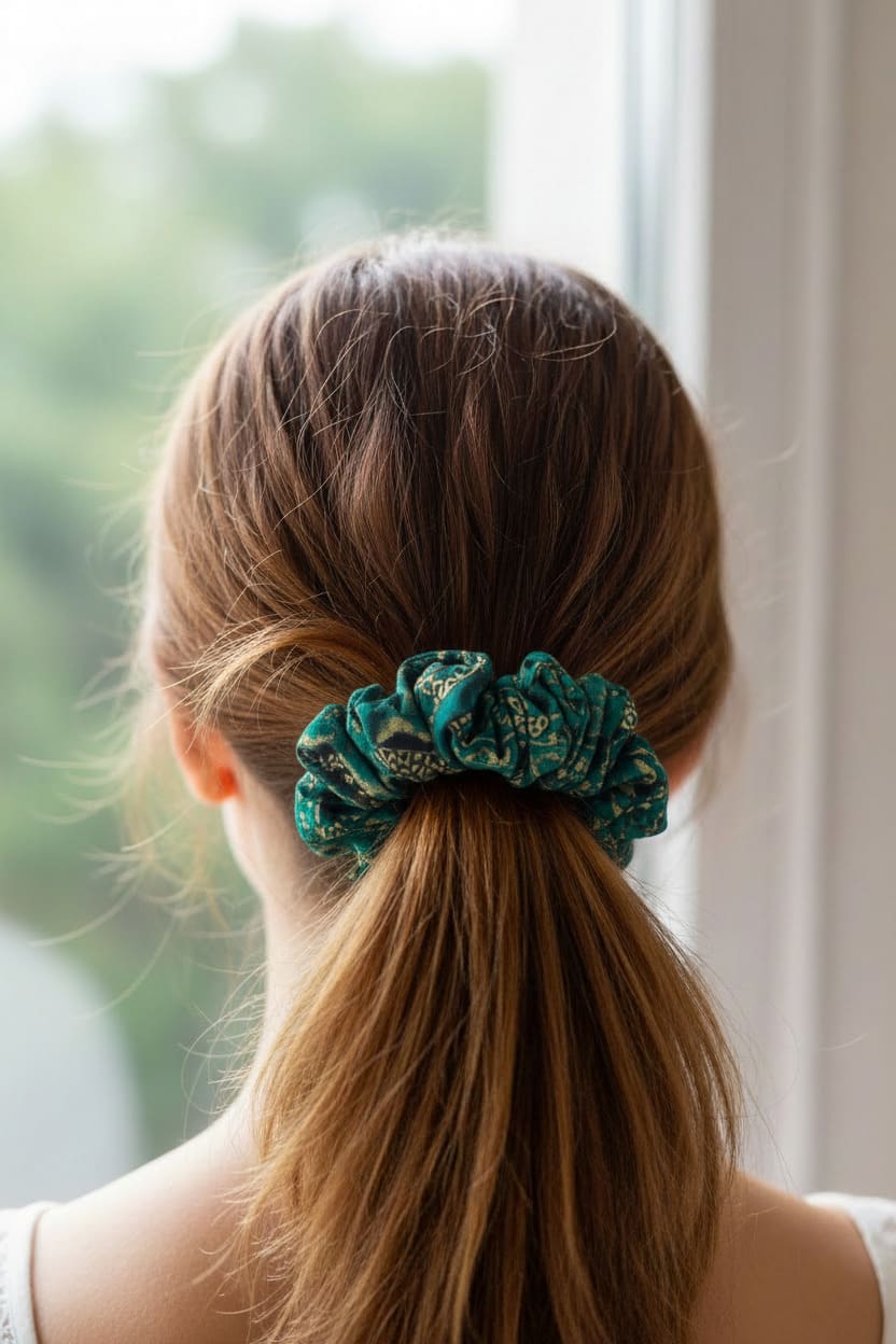 Green Ethnic Print scrunchie worn in hair