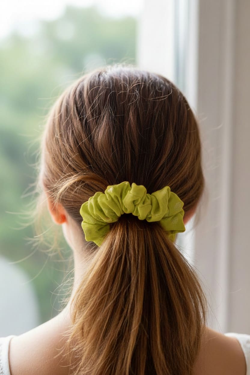 Green Abstract Print scrunchie worn in hair