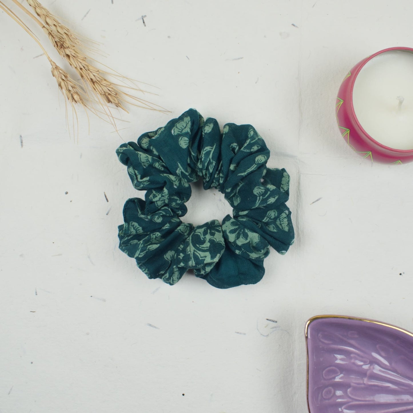 Green Abstract scrunchie styled flatlay