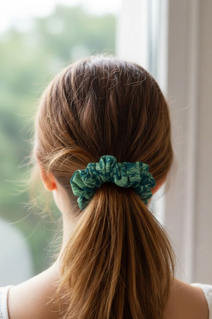 Green Abstract scrunchie worn in hair