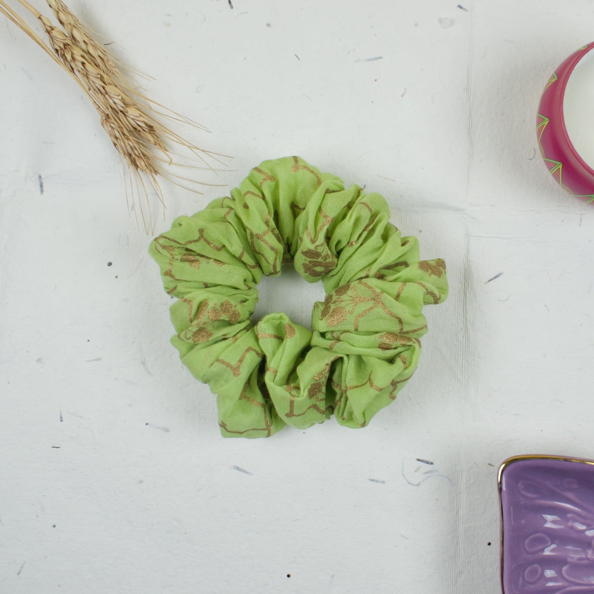 Green Crinkle Texture scrunchie styled flatlay