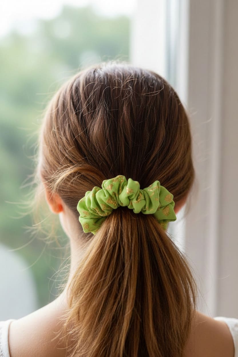 Green Crinkle Texture scrunchie worn in hair