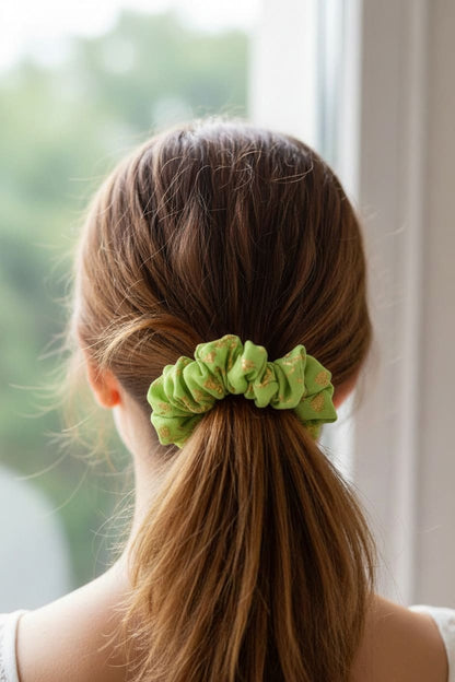 Green Crinkle Texture scrunchie worn in hair