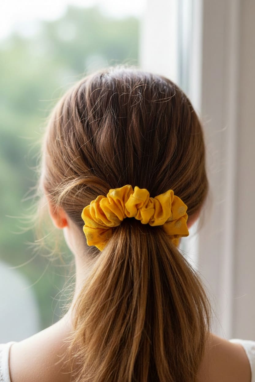 Orange Ethnic Print scrunchie worn in hair