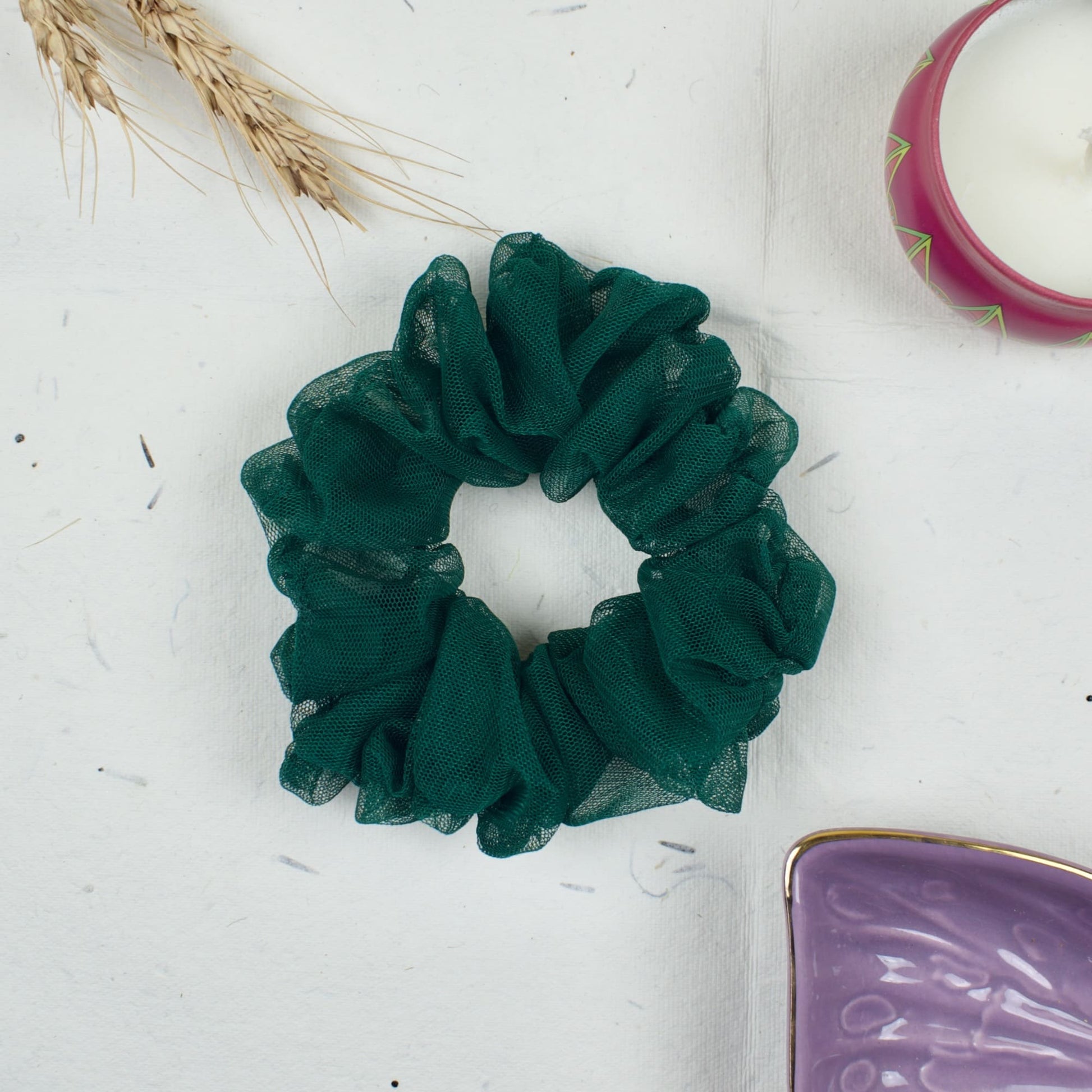 Green Solid scrunchie styled flatlay
