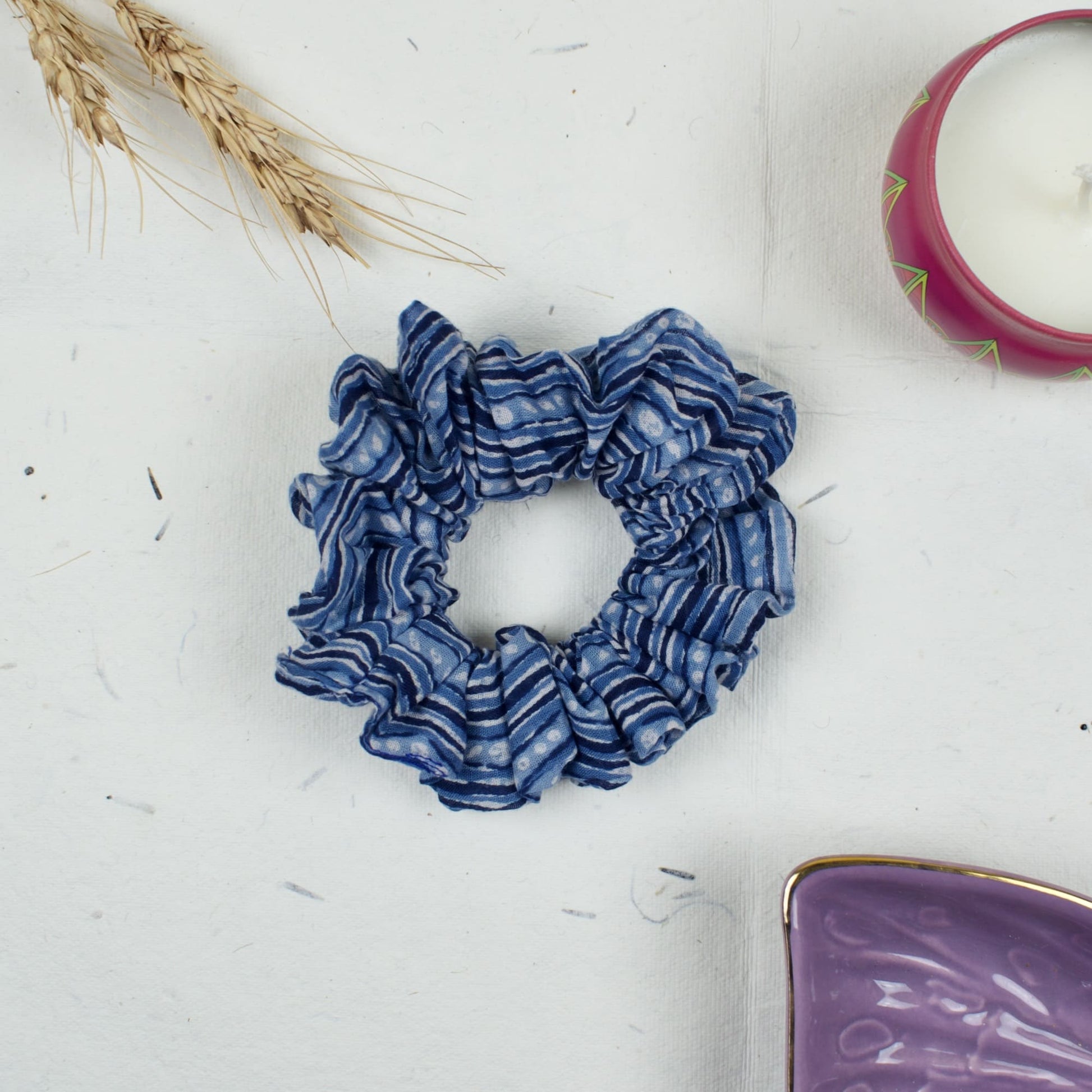 Blue Striped scrunchie styled flatlay