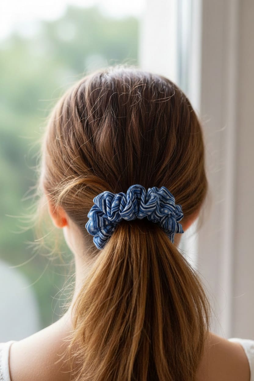 Blue Striped scrunchie worn in hair