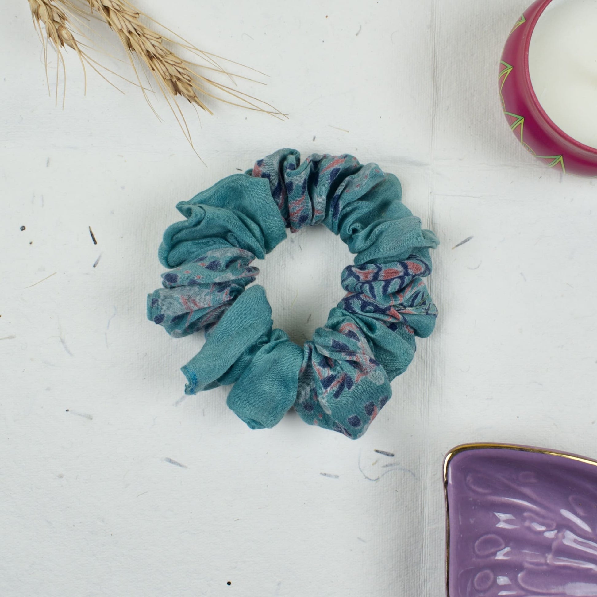 Blue Abstract Print scrunchie styled flatlay
