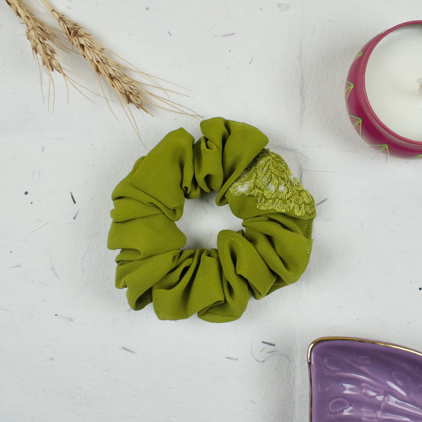 Green Solid scrunchie styled flatlay